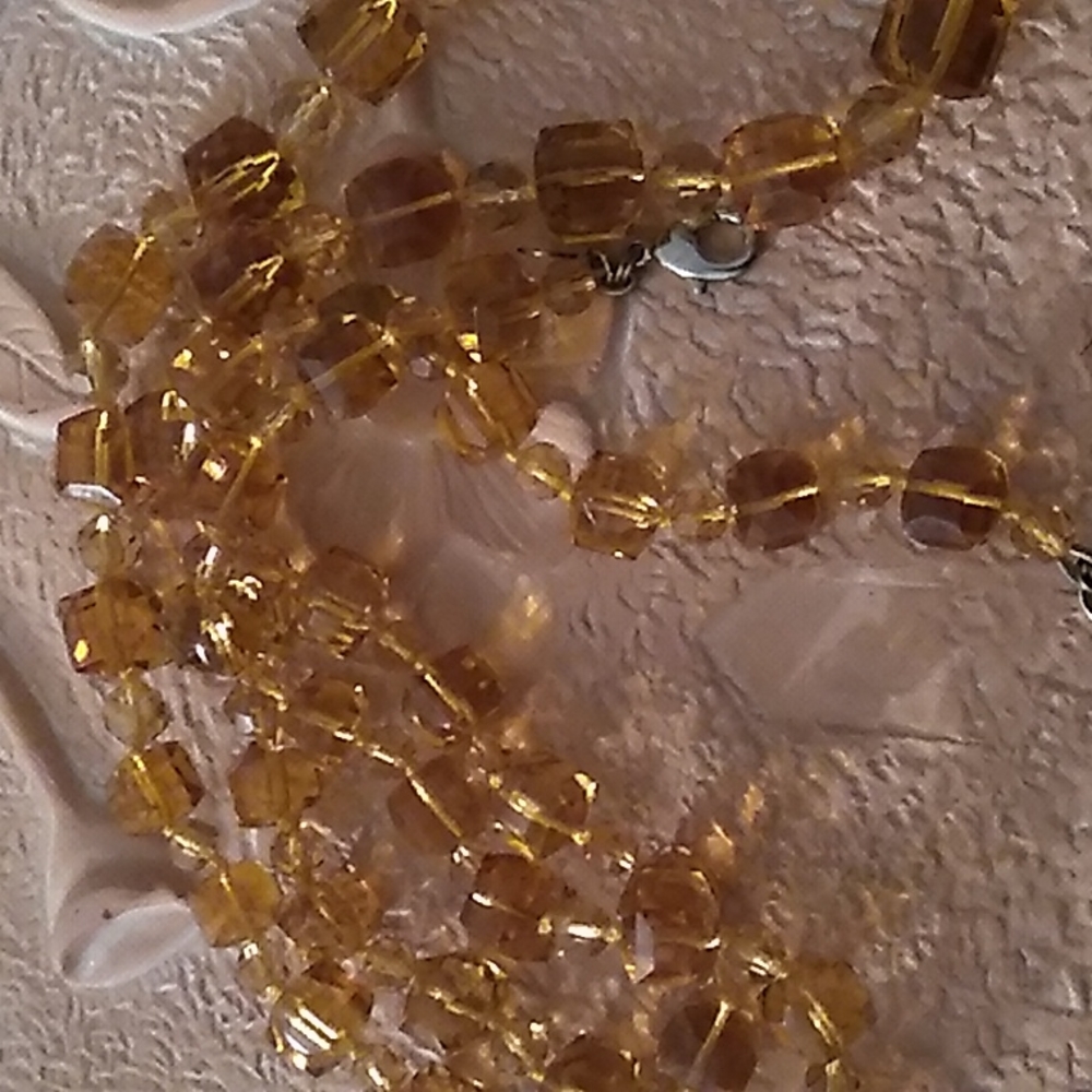 MMA 36 in. Amber Colored Square Glass Faceted Cut Necklace.